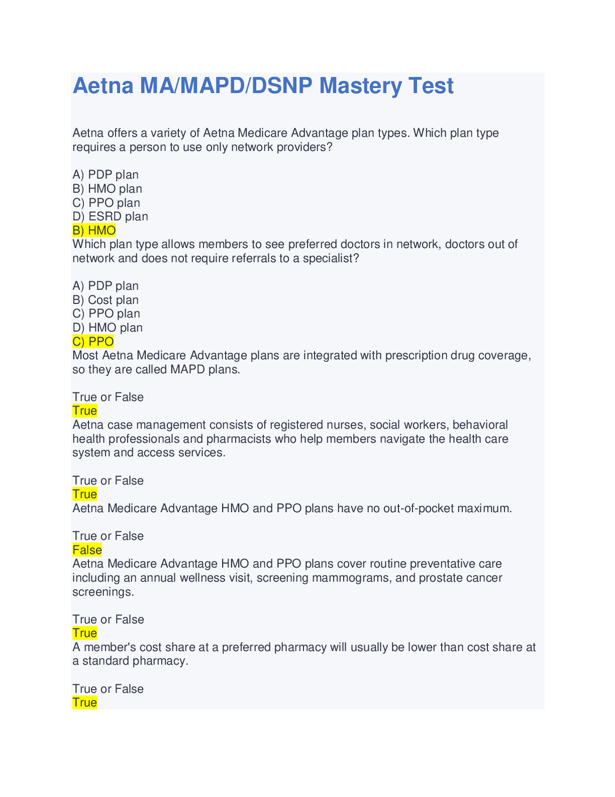 Preview image for Aetna MA/MAPD/DSNP Mastery Test exam 2022/2023 with 100% correct answers